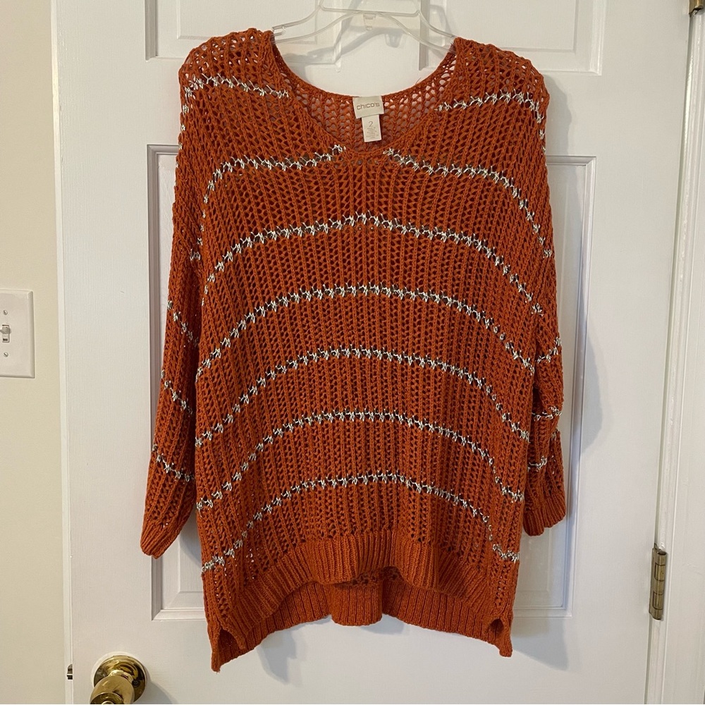 Chico’s Shine Striped Charlotte Pullover open knit orange sweater 2 Large